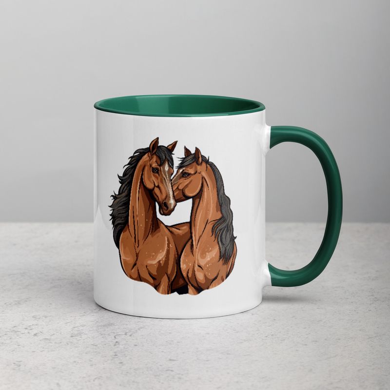 White Ceramic Mug with Color Inside, 11&amp;15oz, Two brown horses snuggling, tdwcyd