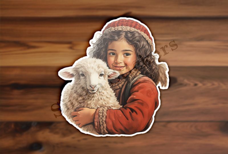 Sheep in arms of girl with red hat, vintage