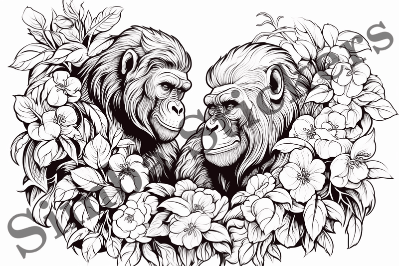 Colouring pages, bundle of gorillas in love, 10 images