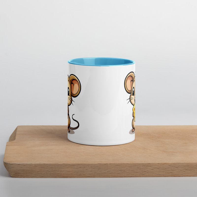 White Ceramic Mug with Color Inside,11&amp;15oz,Small Mouse happily licking large chunk of cheese,pqapy6
