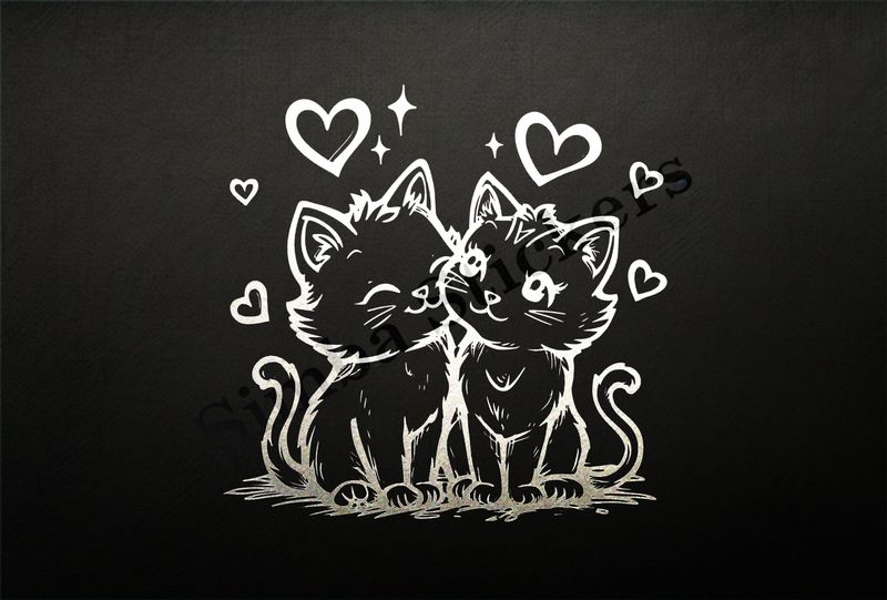 Cat kittens cheek-to-cheek, romantic, outline art