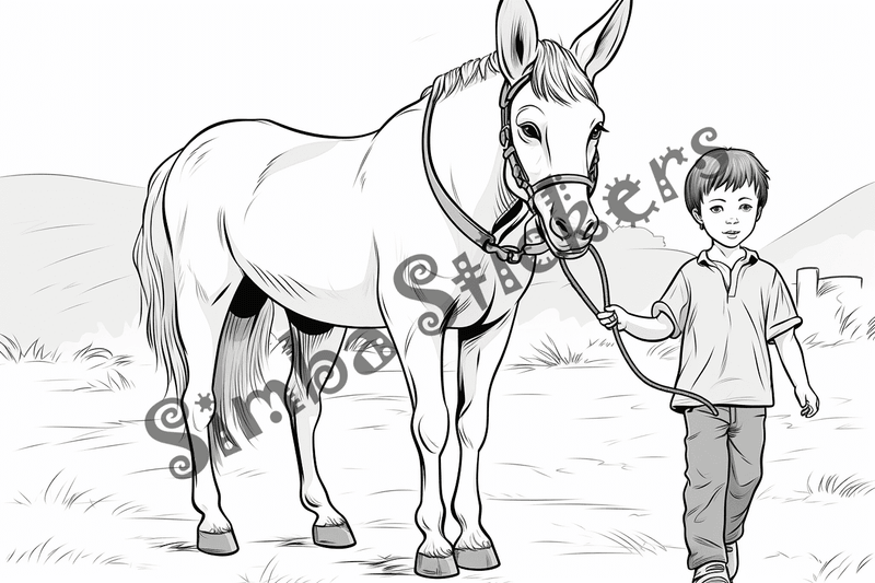 Colouring pages, bundle of mules with children, 10 images