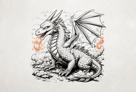 Dragon breathing fire, cloudy background, outline art