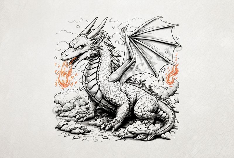 Dragon breathing fire, cloudy background, outline art