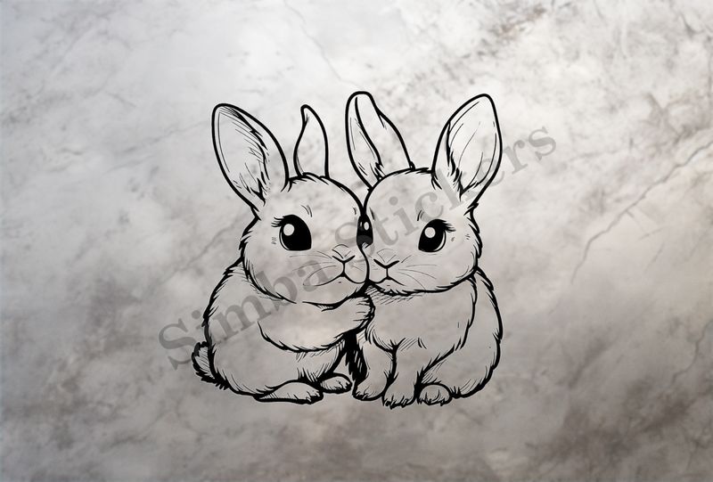 Bunnies cheek-to-cheek  in love, outline art