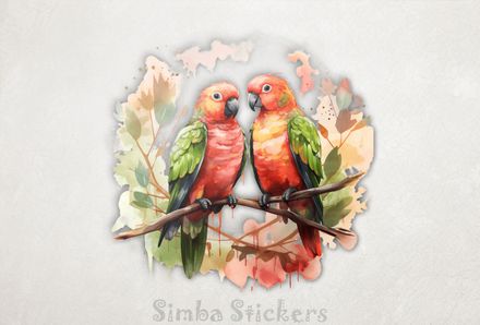 Reddish parrots with green wings perching, watercolour, izz3kw