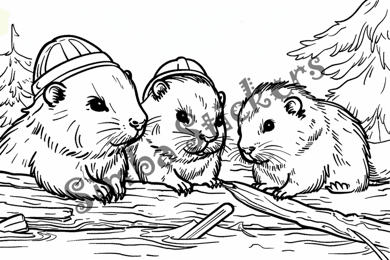 Colouring pages, bundle of beavers building in hard hat, 10 images