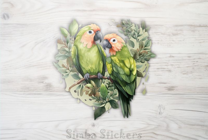Green parrots in green leaves, watercolour, yk2x8b