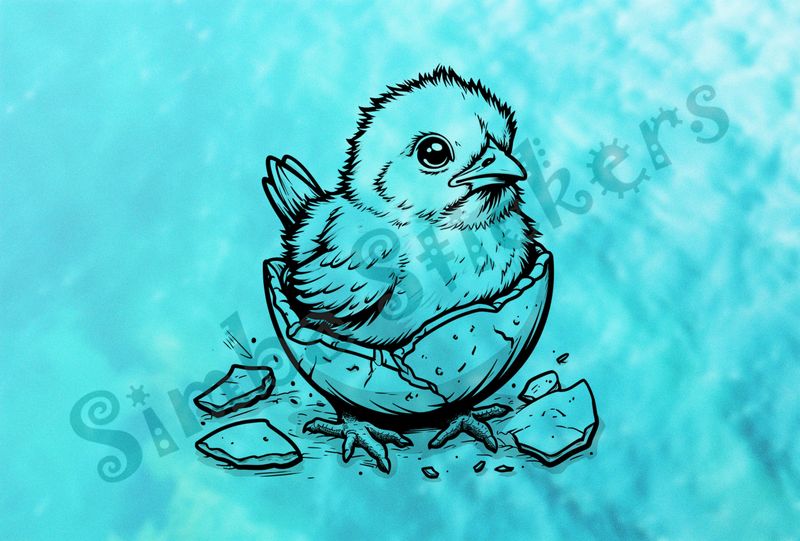 Chick still inside shell, feet touching ground, outline art