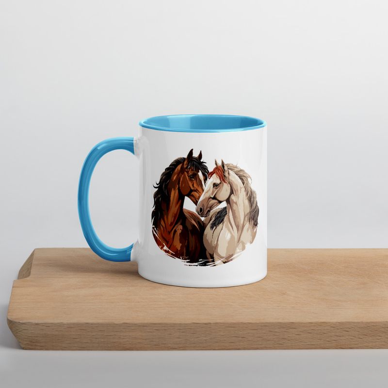 White Ceramic Mug with Color Inside, 11&amp;15oz, Horses nose-to-nose, jbgjpy