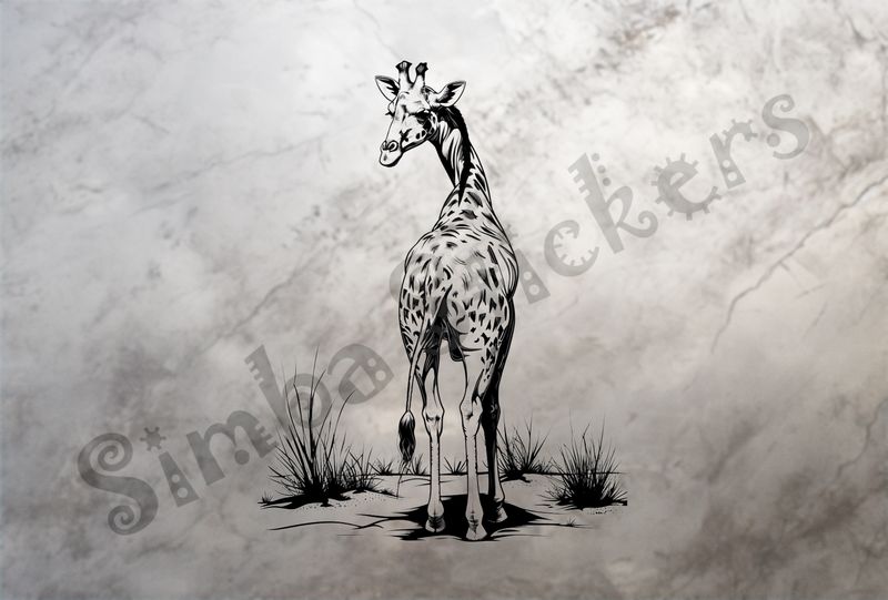 Giraffe from behind, head turned backwards to the left, outline art