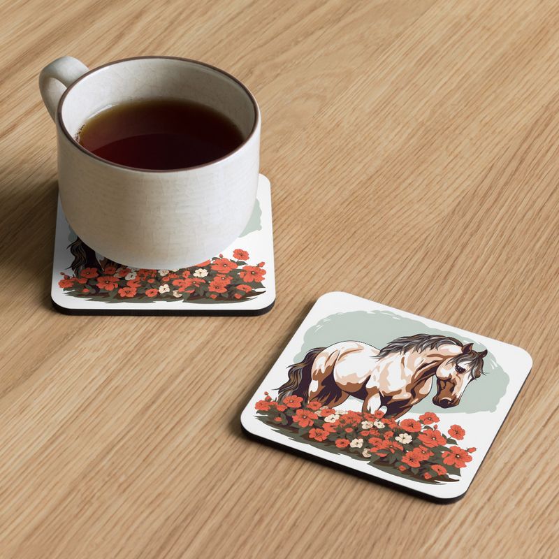 Cork-Back Coaster, Brown horse in field of red flowers, n4w2fj