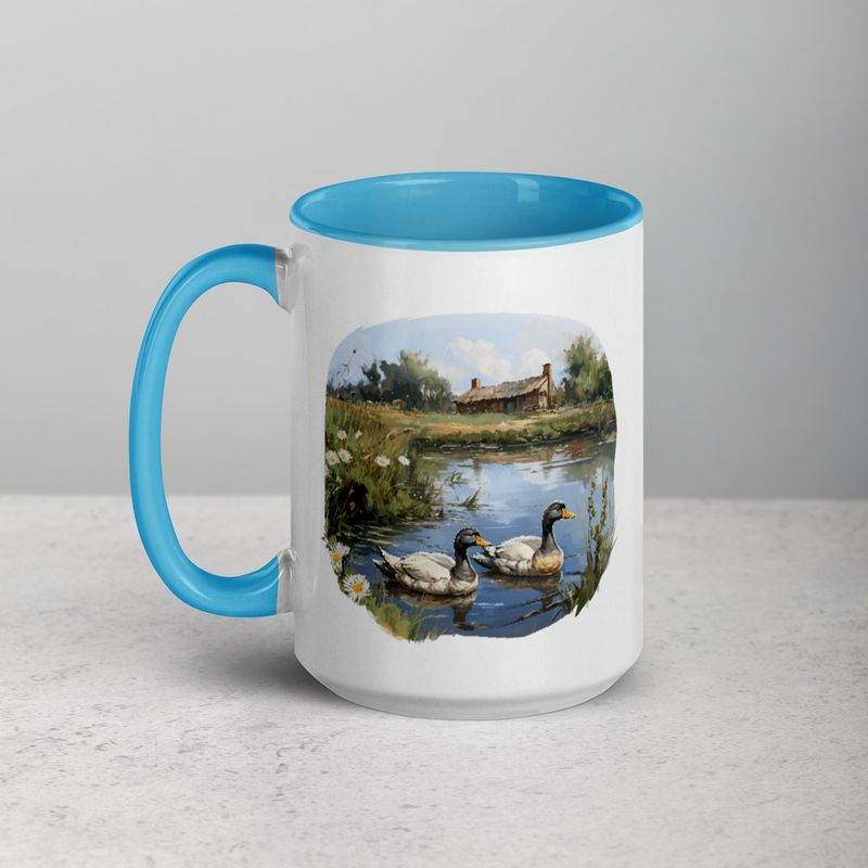 White Ceramic Mug with Color Inside, 11 &amp;15oz, Ducks in love swimming in farmhouse pond 
