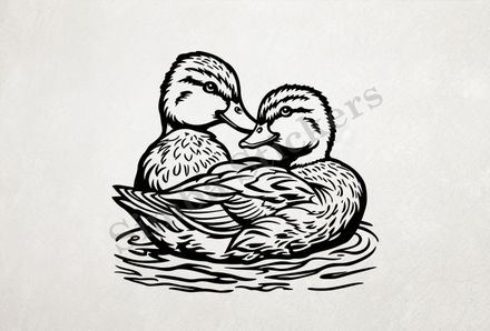 Ducks beak-to-beak in a pond, in partial-embrace, outline art