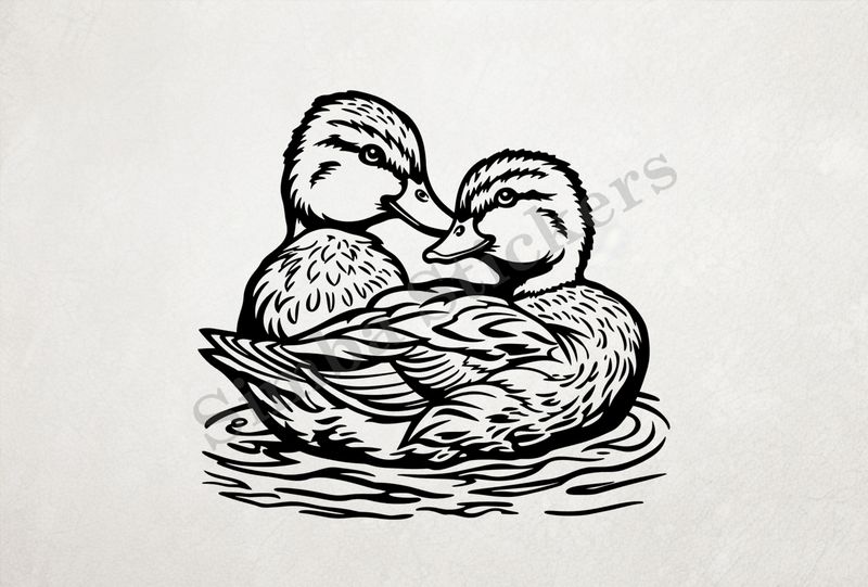 Ducks beak-to-beak in a pond, in partial-embrace, outline art