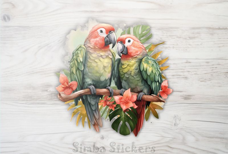 Parrots perching romantically, watercolour, 8ad800