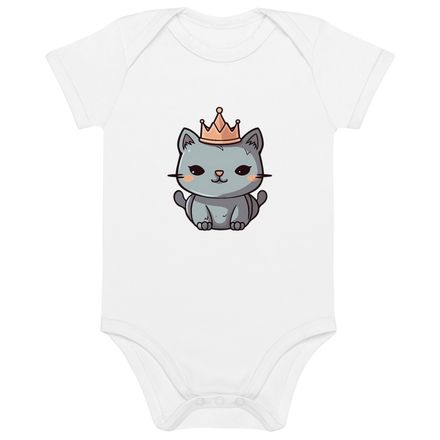 Organic Cotton Baby Bodysuit, 3-18 Months, Grey cat with a crown, multiple colours