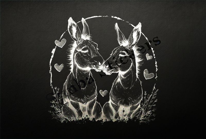 Donkeys in love, nose-to-nose, sitting, circle of love, outline art