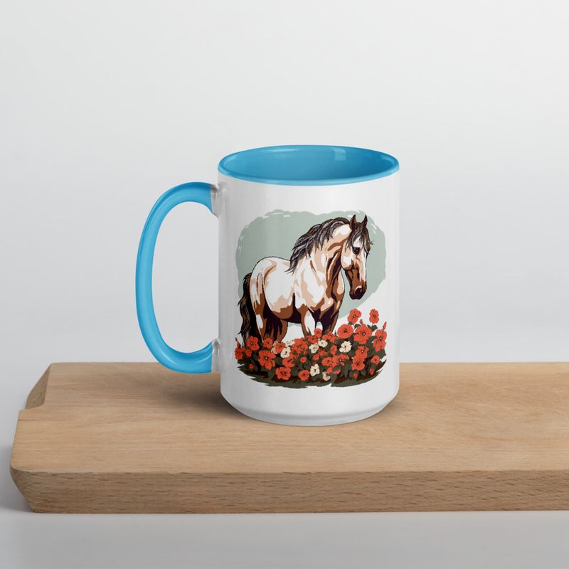 White Ceramic Mug with Color Inside, 11&amp;15oz, Brown horse in field of red flowers, n4w2fj