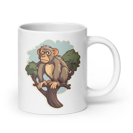 White Glossy Mug, 20oz, Baboon on branch in a tree, mirrored