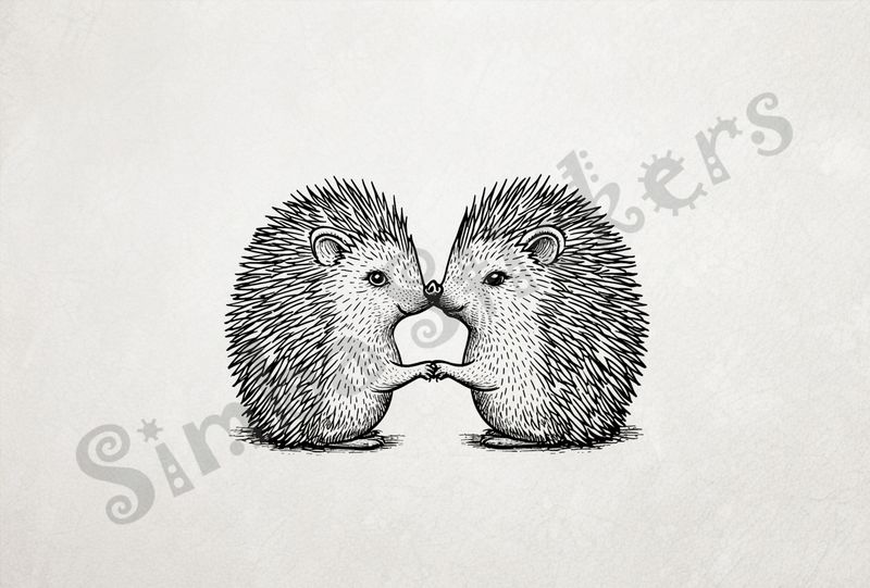 Porcupine in love nose-to-nose, hand-in-hand, outline art