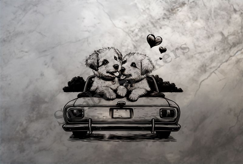 Dogs in love sitting on the trunk of a car, outline art, a6behd