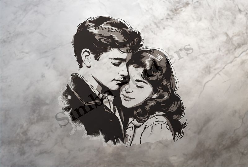 Young couple in warm embrace, outline art