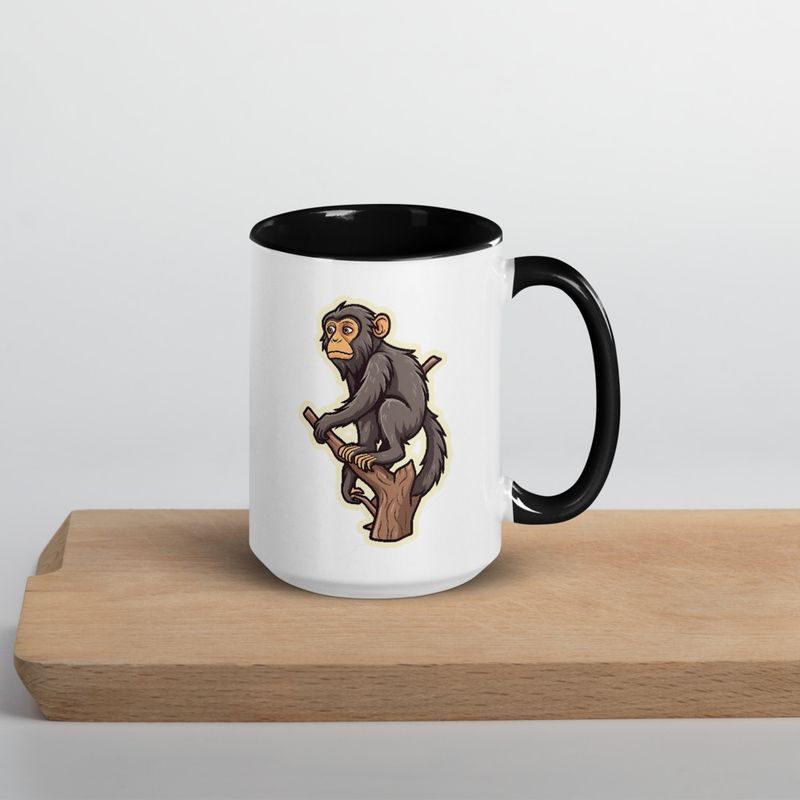 White Ceramic Mug with Color Inside, 11oz &amp; 15oz, Baboon on a tree, looking sad, head-to-head