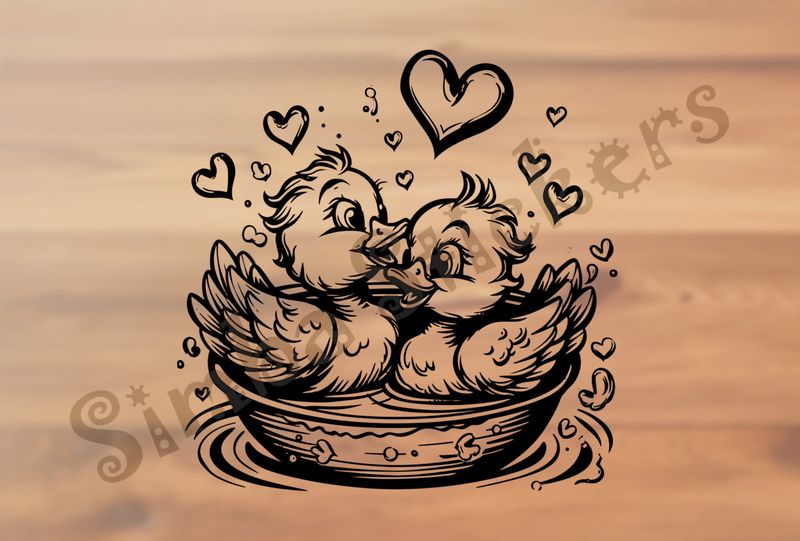 Ducklings in a floating bowl, romantic hearts, outline art