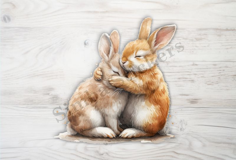Bunnies in love , one hugging the other affectionately