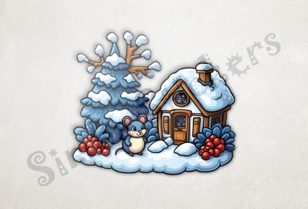 Blue Mouse outside small house in winter snow