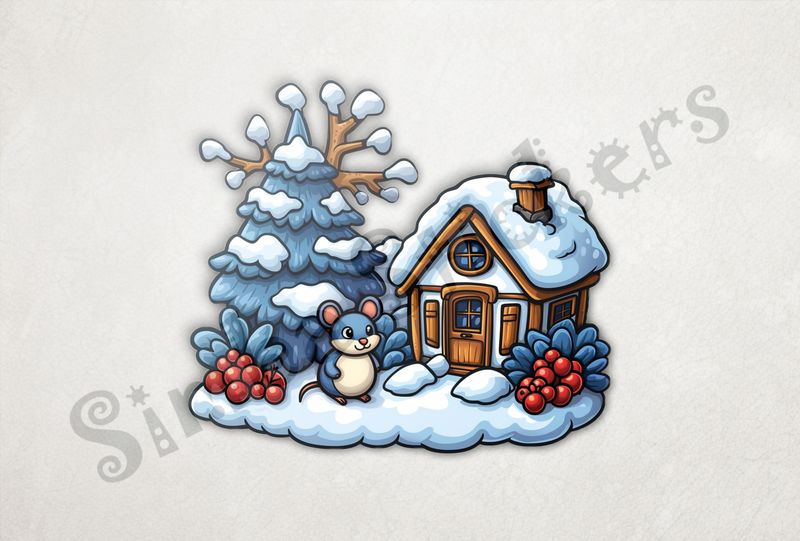 Blue Mouse outside small house in winter snow