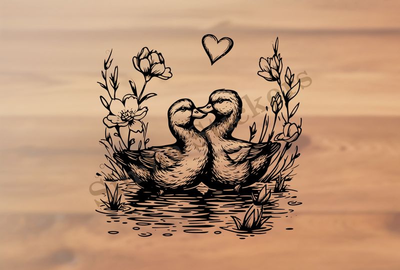 Ducks in love in a pond, outline art