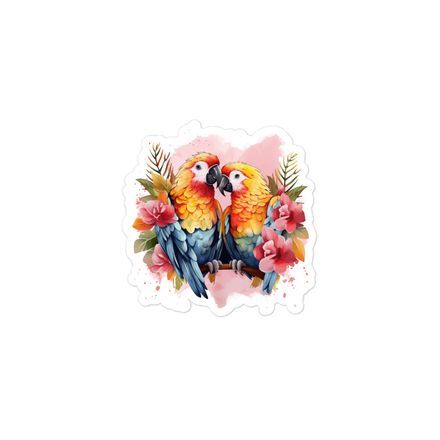 Sticker 3x3, Parrots in love among flowers in pinkish background, watercolour, nvcywh