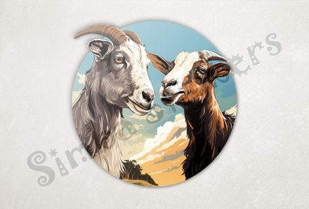 Goats in love, under partially cloudy sky, next to forest