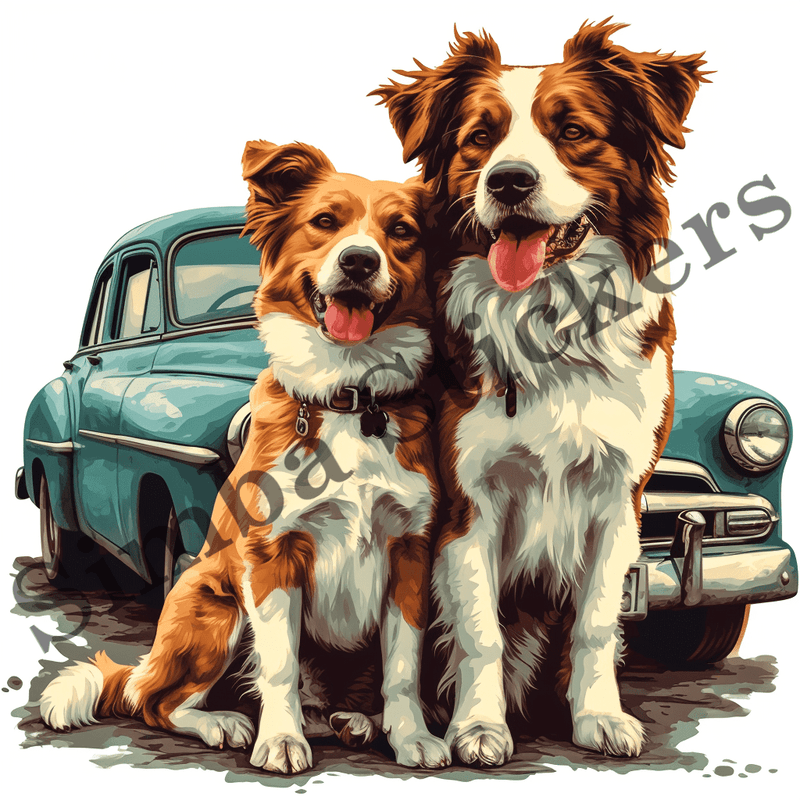 Dogs snuggling by car, watercolour, image set, 10 images
