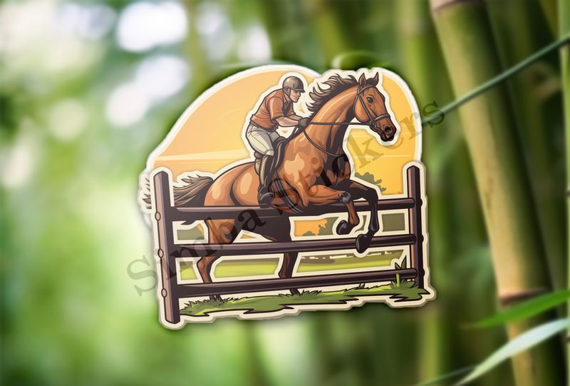 Horse with rider jumping over a fence, golden sky in background