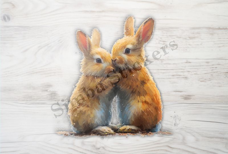 Bunnies in love,  nose-to-nose, arm-to-arm, watercolour