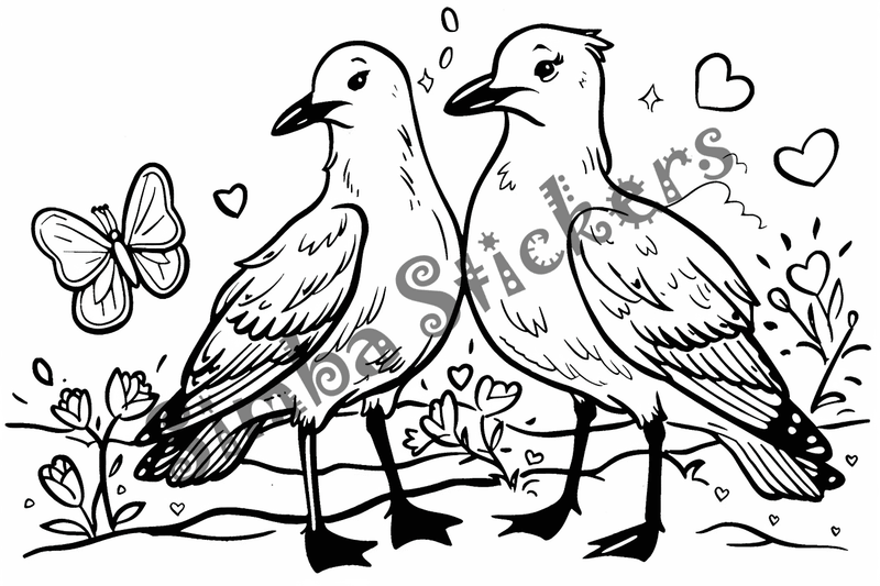 Colouring pages, bundle of seagulls in love, 25 images