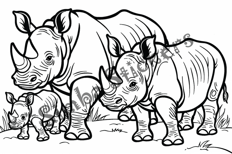 Colouring pages, bundle of rhinos, 10 images