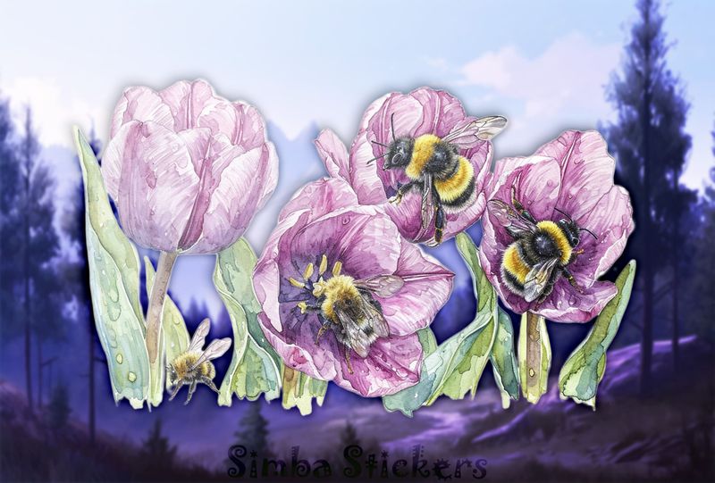 Bees among pink tulip flowers, watercolour