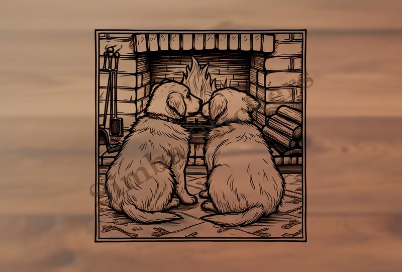 Dogs cuddling by a fireplace, from behind, outline art