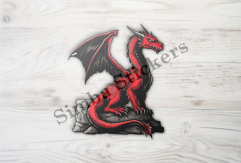 Red and black dragon perching on a rock