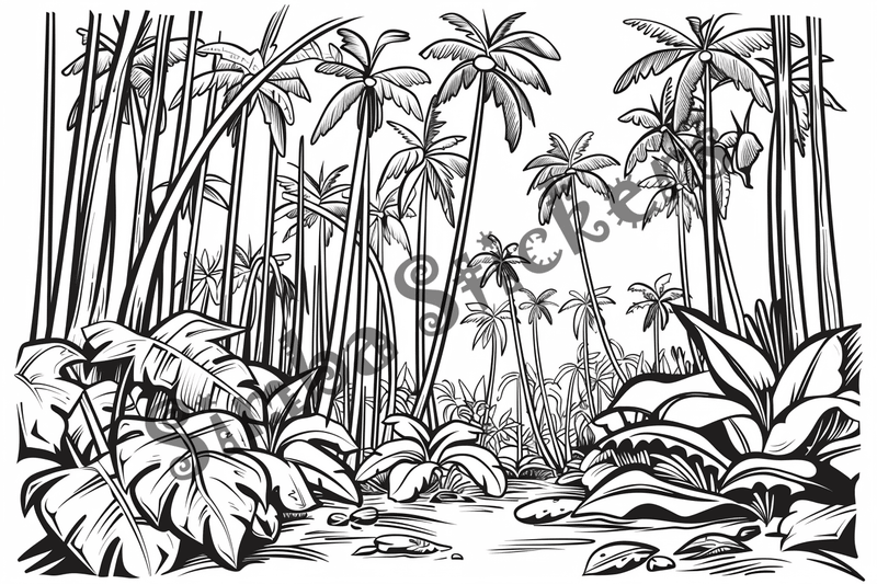 Colouring pages, bundle of Equatorial Rainforest landscape vegetation, 10 images