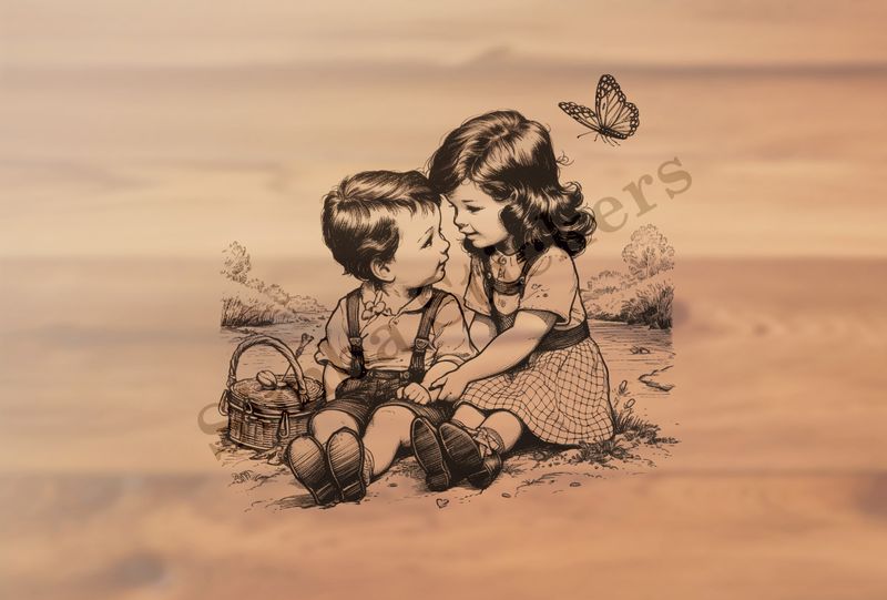 Boy and girl sitting with back to river, outline art