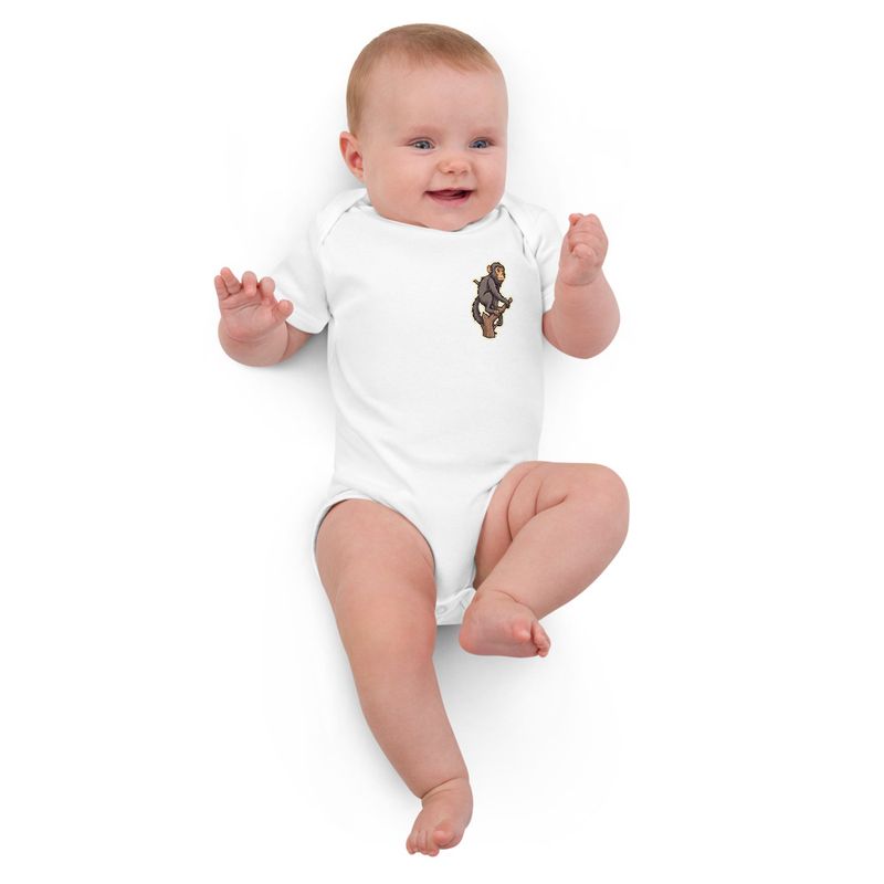 Organic Cotton Baby Bodysuit, 3-18 months, Baboon on a tree, looking sad, left chest