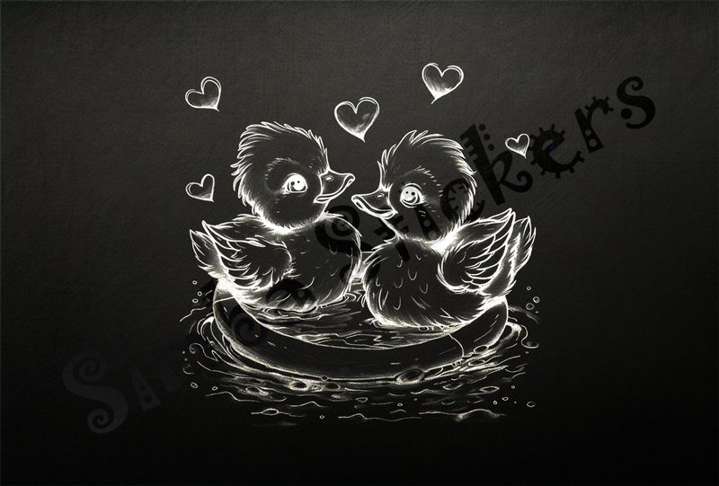 Ducklings in a ring in a pond, romantic hearts, outline art