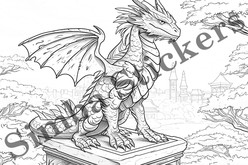 Colouring pages, bundle of dragons in cityscape, 10 images
