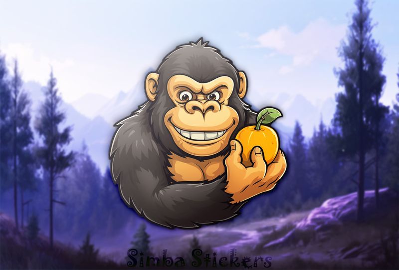 Gorilla holding a fruit and smiling broadly, 6jojkc