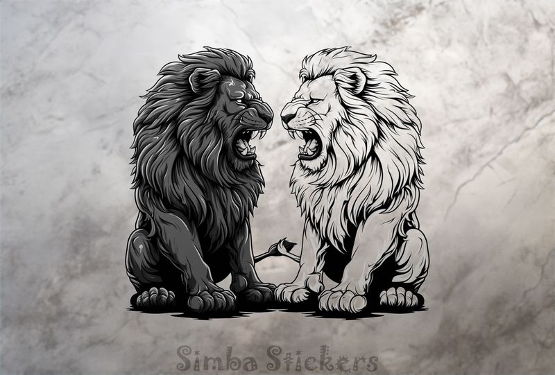 Two Lions roaring at each other while sitting, outline art, blyljo